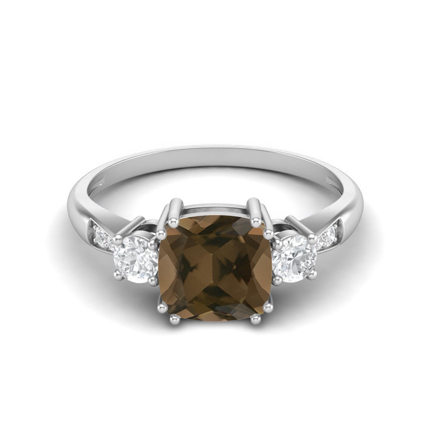 7mm Cushion Smoky Quartz 925 Sterling Silver Three Stone Women Engagement Ring 10