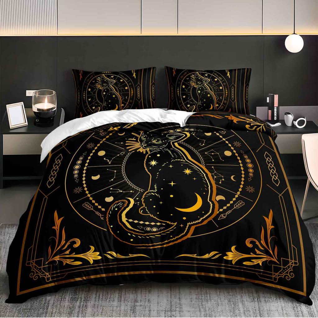 3er-Set Himmlisches Katzenbettwäsche-Set Astrologie Bettbezug-Set Mystisches Themen-Bettbezug-Set Hexen-Schlafzimmer-Dekoration