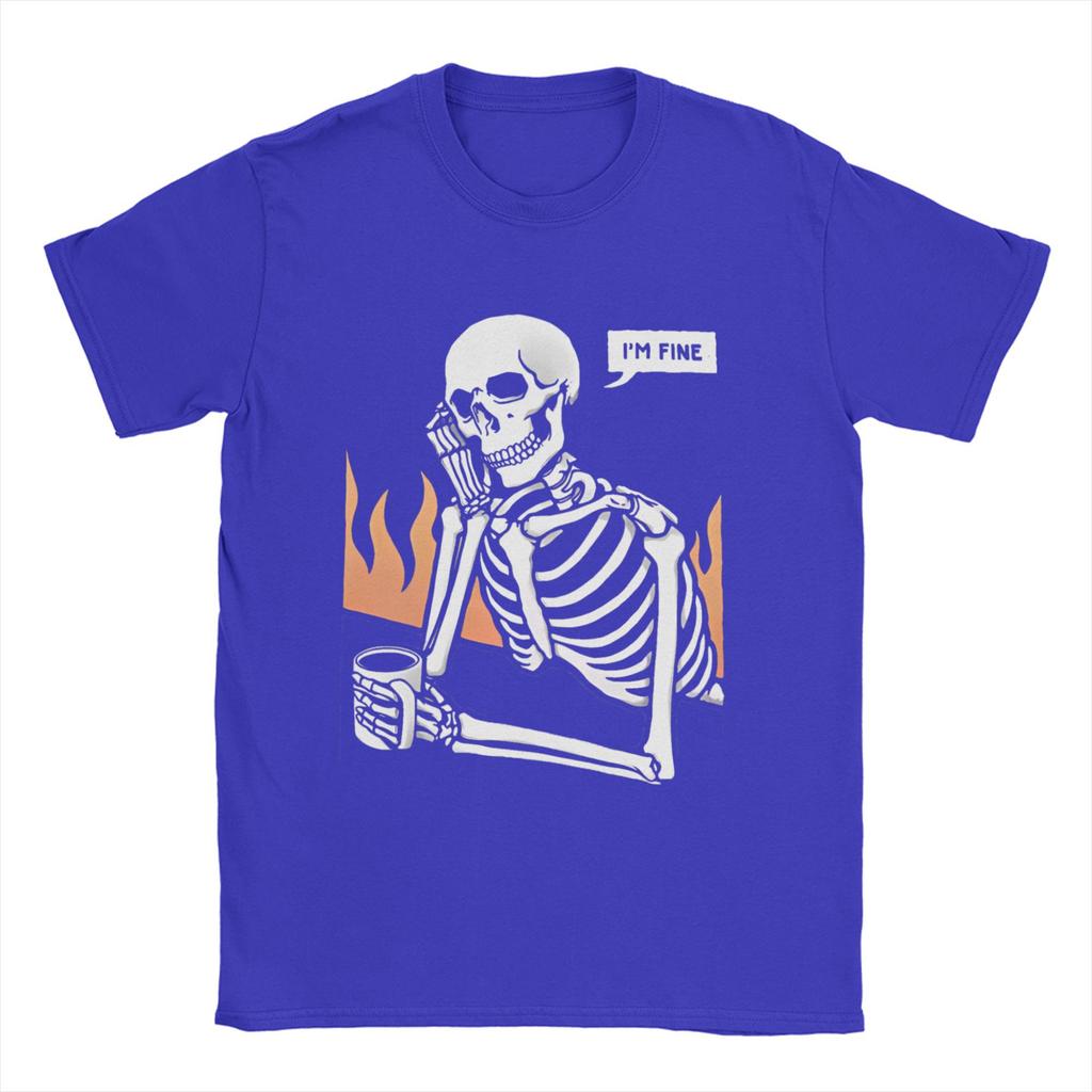 Novelty Skeleton Eternal Lovers  TShirt for Men O Neck Cotton T Shirt    I Am Fine  Short Sleeve Tees Party Tops