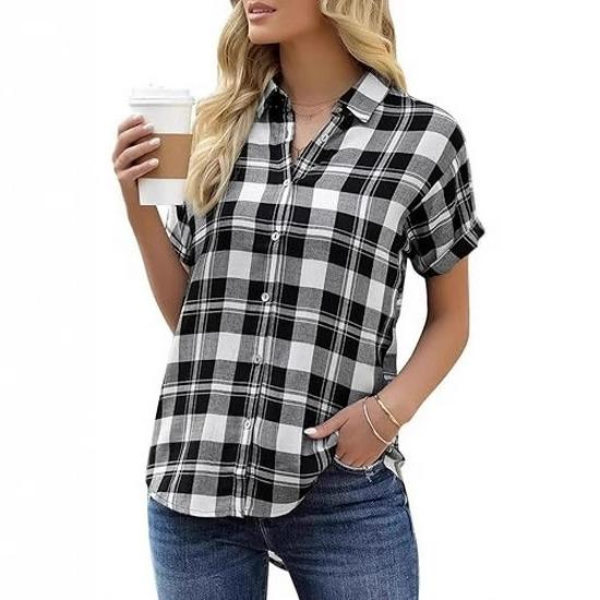 2026 Spring/Summer Women s Black & White Retro Plaid Short Sleeve Slimming Shirt Small чёрный