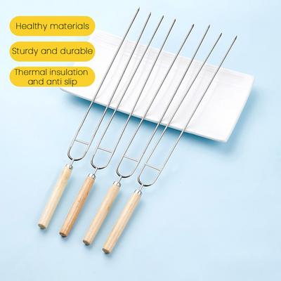 Szpikulce do grilla ze stali nierdzewnej dwuzębne szpikulce do BBQ 36 cm widelce do grilla kempingowego z drewnianą rączką