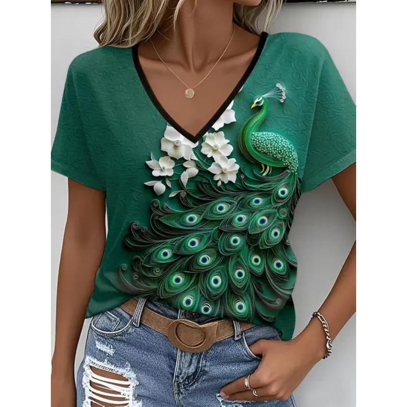 Summer New Women's T-shirt Fashionable Casual Versatile Plant Vacation Style 3D Printed V-neck Short Sleeved Top
