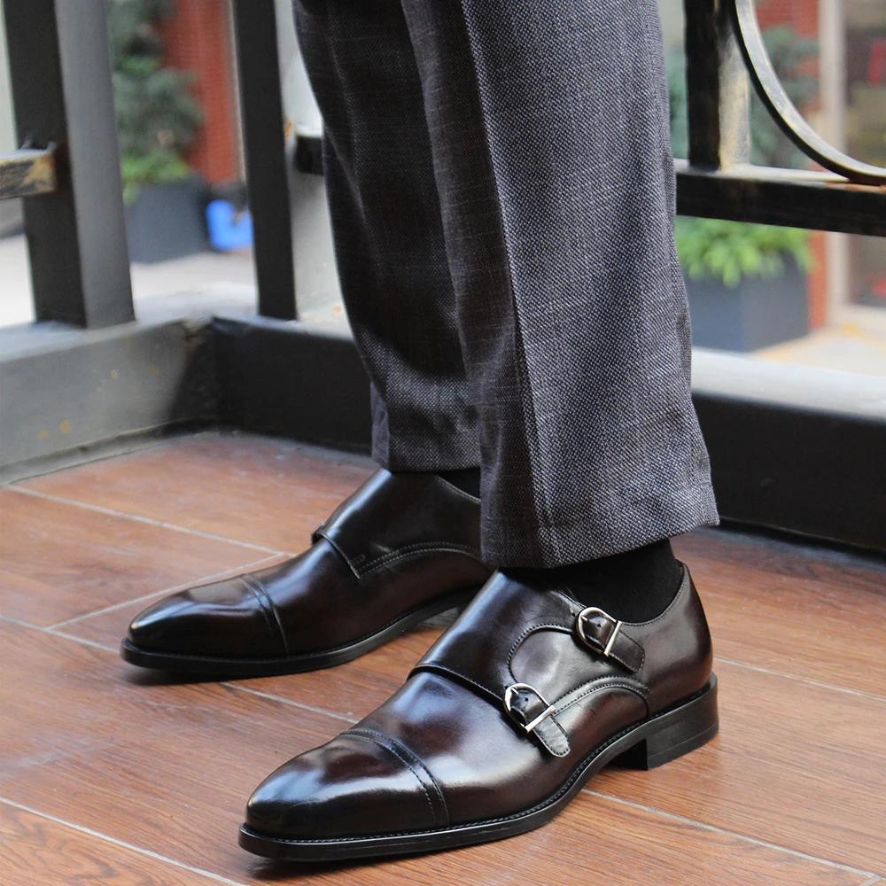 Módní Luxusní Pánské Formální Boty z Pravé Kůže s Dvojitou Sponou Monk Strap Klasické Špičaté Business Kancelář Svatba Společenské Boty