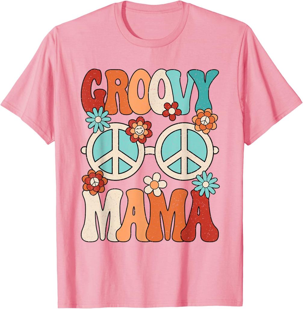 Groovy Mama Peace Sign Flowers Retro Hippie Graphic Tee Women's Casual Trip T-Shirt