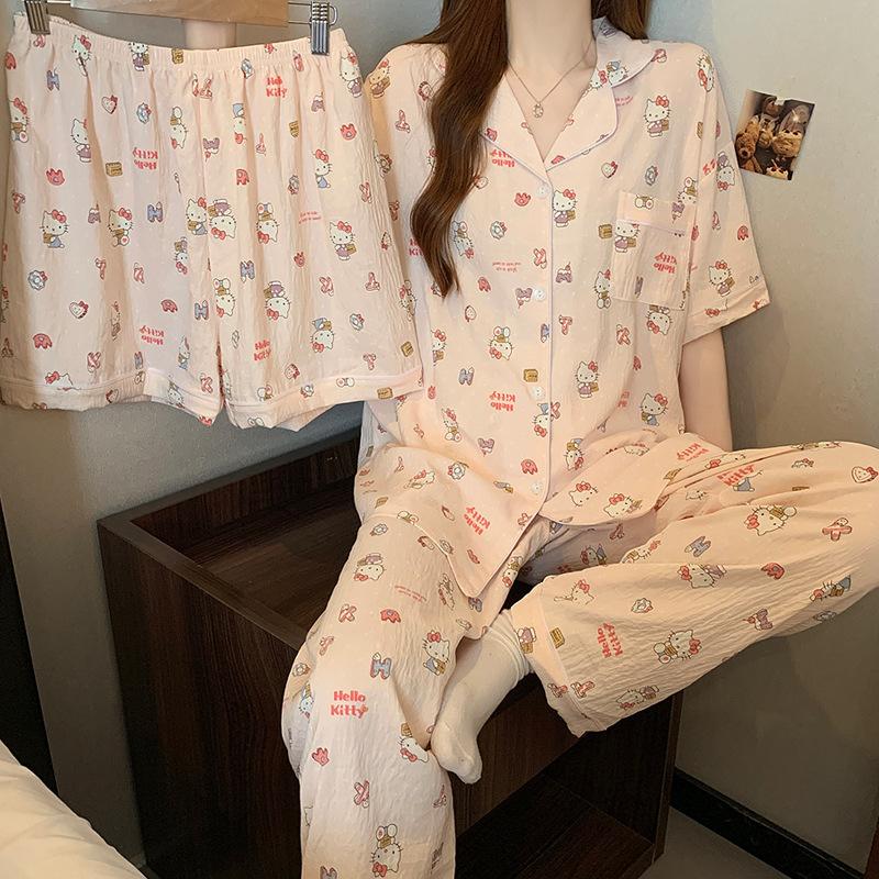 High-Value Cloud Cotton Short-Sleeved Pajamas Women'S Summer Loungewear Cute Girl Three-Piece Set