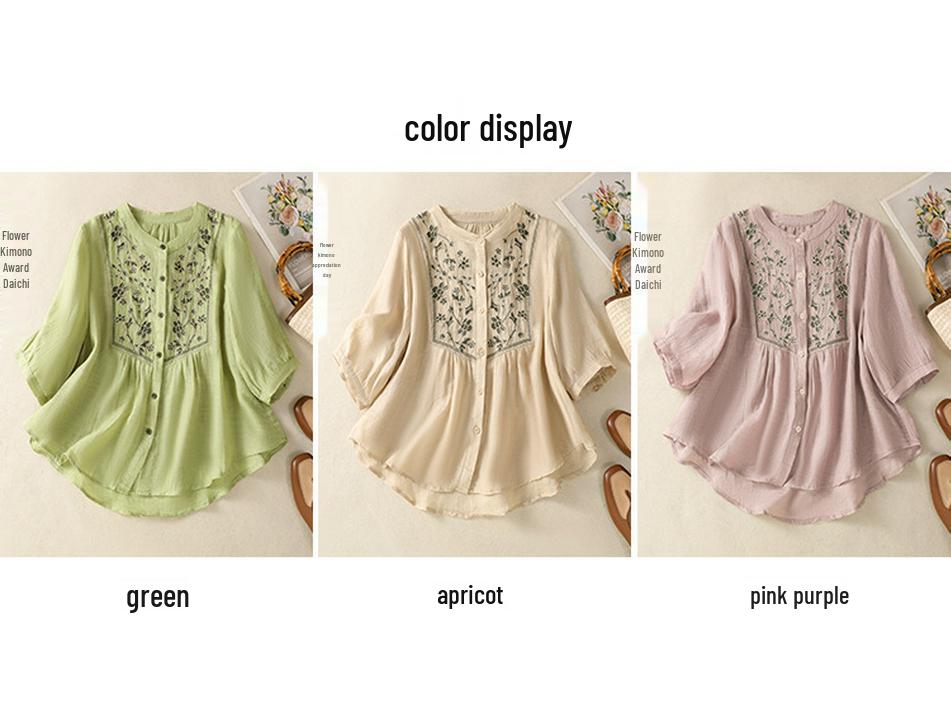 2025 Women's Retro Linen Shirt: Elegant Stand Collar, Single-Breasted, Embroidered Design