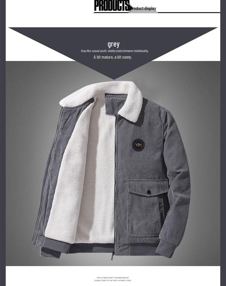 Męska kurtka sztruksowa plus size - Podszyta polarem, kołnierz wykładany na wiosnę i jesień, do noszenia na co dzień