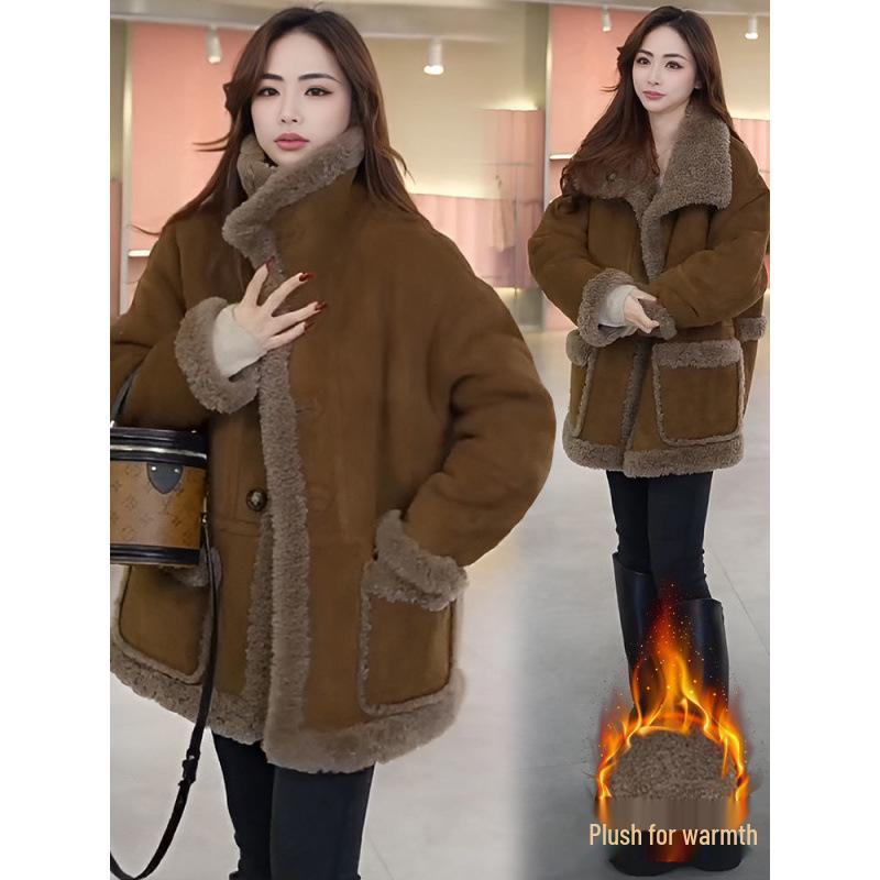 Autumn/Winter 2025 Women's Mid-Length Fleece-Lined Lambswool Reversible Fur Coat