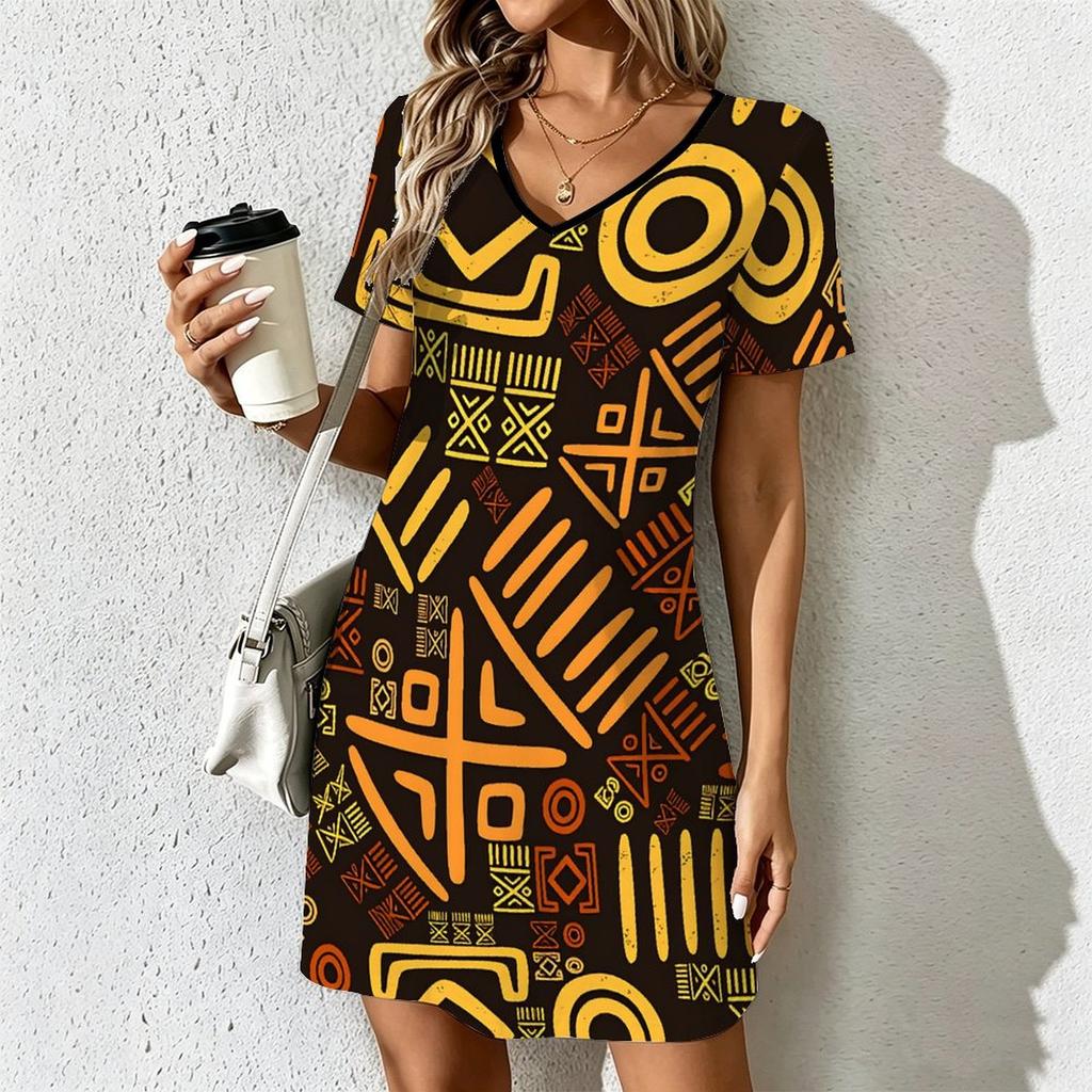 Summer Fashion Women's V Neck Short Sleeve Retro Geometric Pattern Printed Dress Sex Short Skirt Dresses