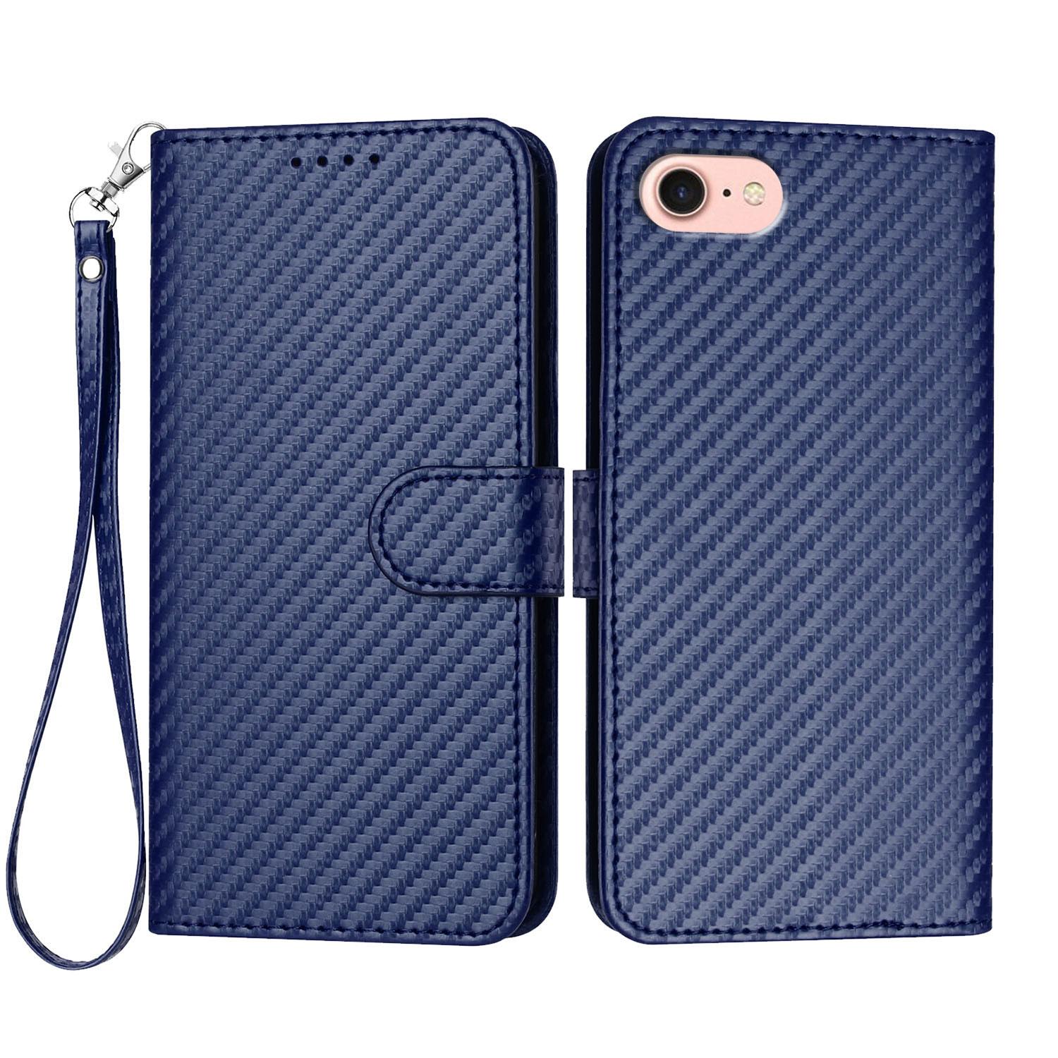 

For iPhone 16e Wallet Case with Strap Carbon Fiber Texture Leather Mobile Cover Royal Blue