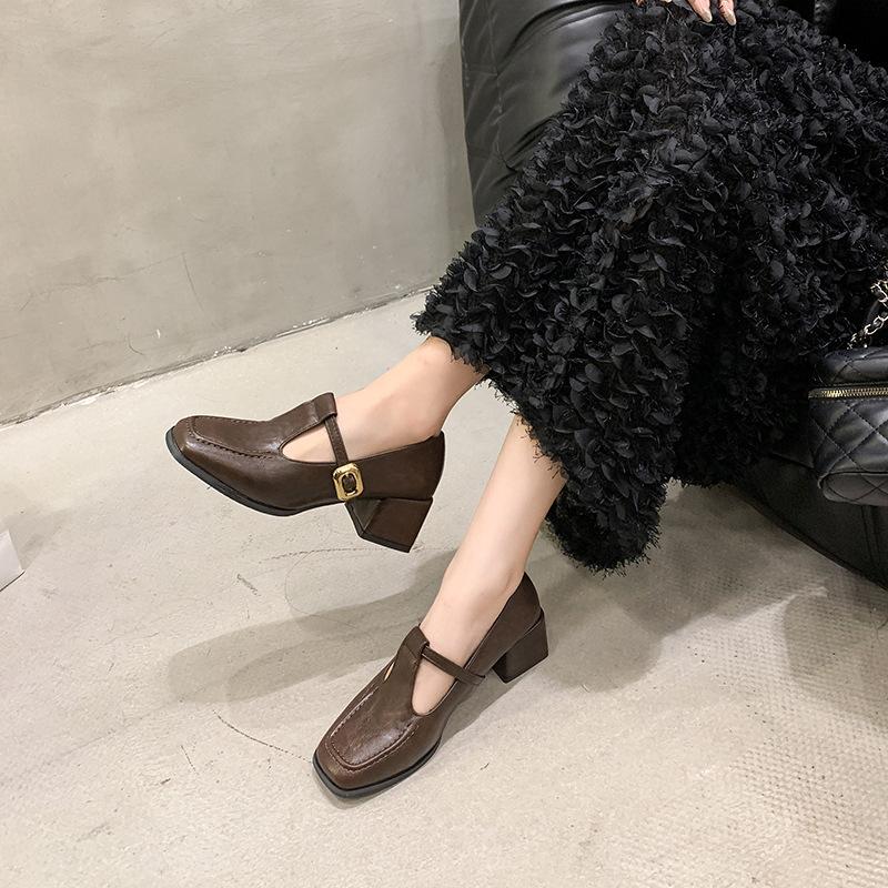 Square Head Thick Heel Single Shoes Women's Spring and Autumn New High Heels Mary Jane Small Leather Shoes