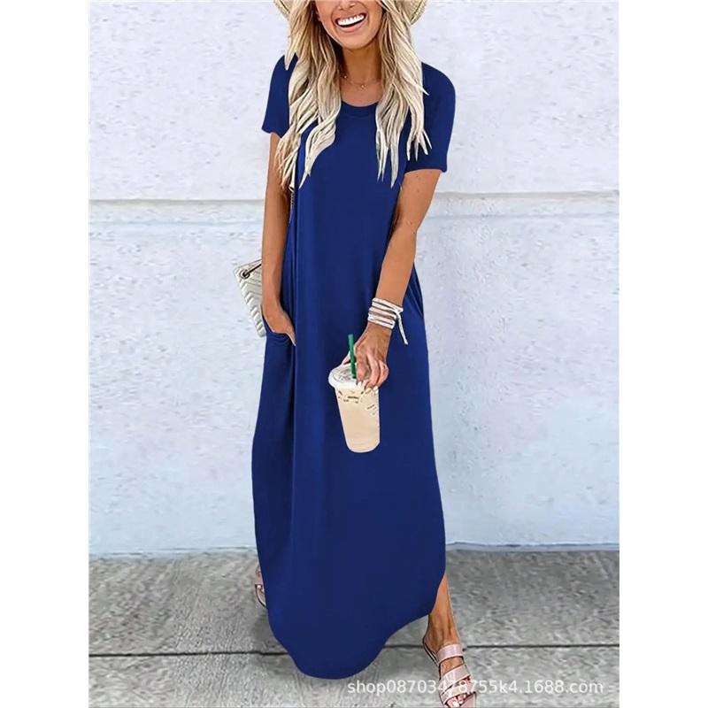 Women Short Sleeve Long Dress With Pockets Casual Oversized Round Neck Beach Dress Female Split Loose Fit Summer Dress Vestidos
