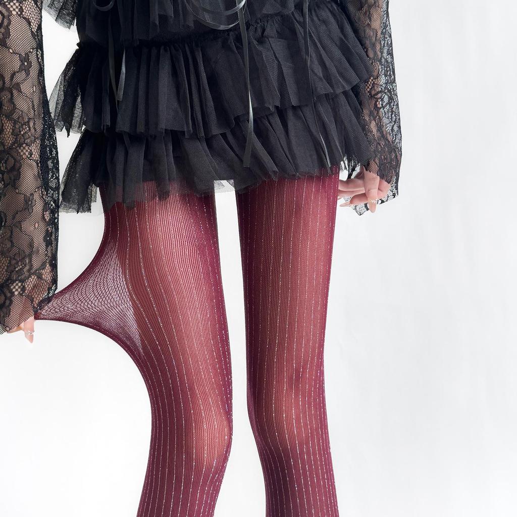 Autumn/Winter Silver Thread High-End Black Striped Leggings with Grey Layered Spicy Girl Stockings