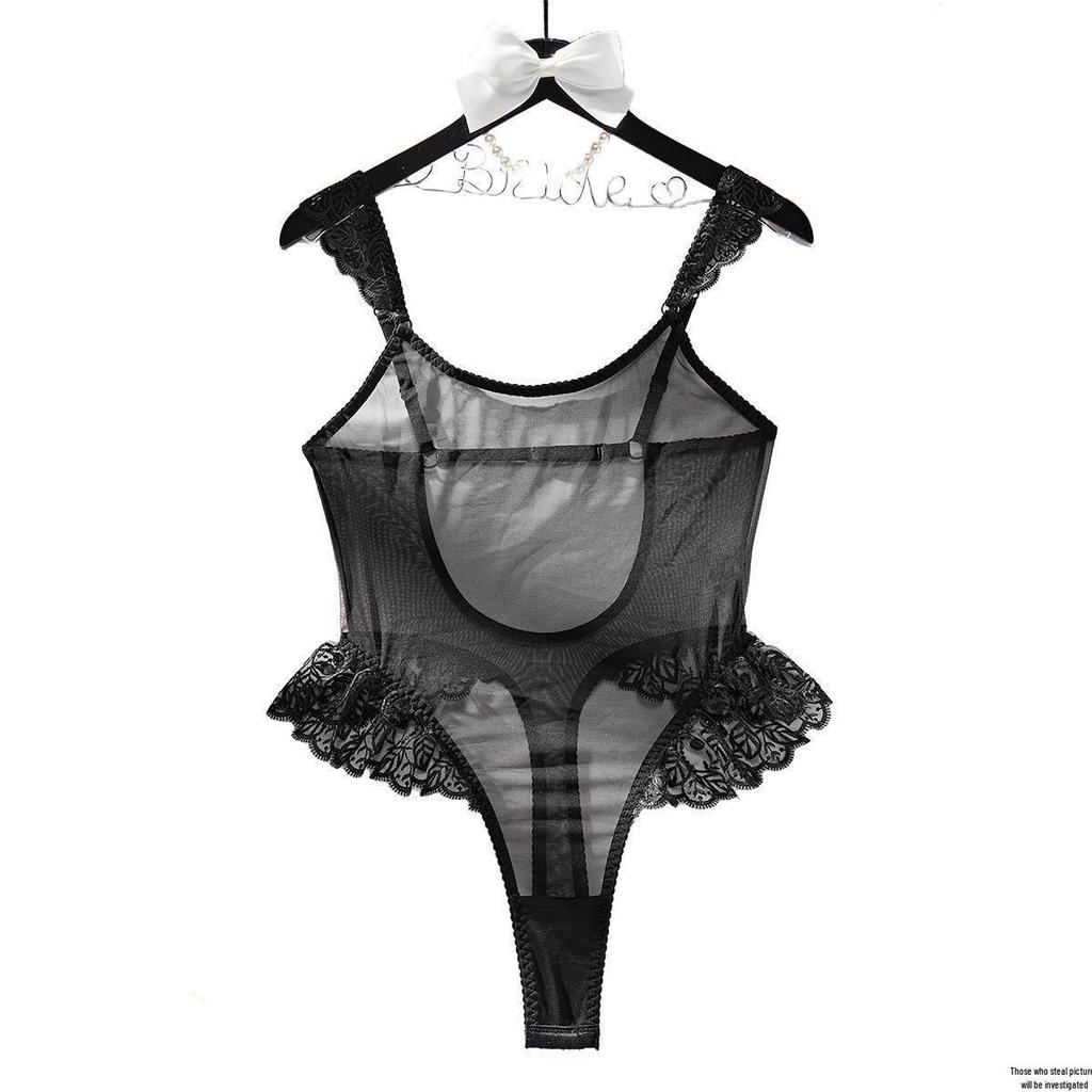 Sexy European & American Mesh Ruffle Bodysuit Pajamas - See-Through, Backless, Body-Shaping