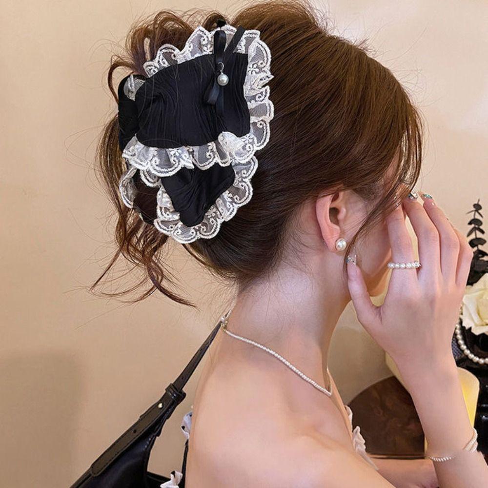 Fashion Polka Dot Cloth Triangle Hair Claw Cute Bowknot Large Shark Clip Fabric Korean Style Pearl Hairpin Daily