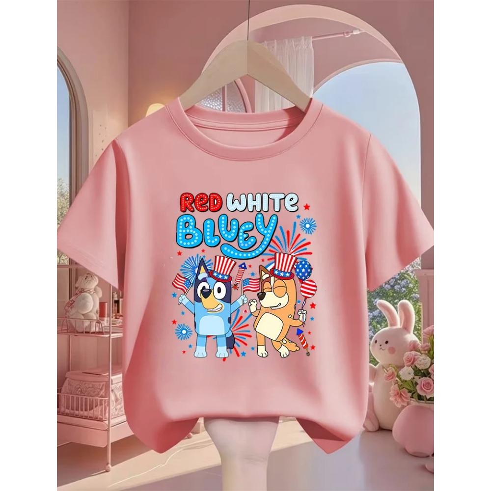 Kids Casual Tee Street Fashion Bluey Popular Cartoon Print For Boys Girls Summer Soft Comfort Tops 3-14 Age
