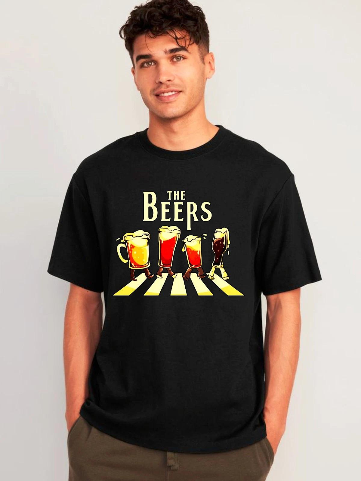 Humorous Beer Mug Graphic T-Shirt, Funny Walking Glasses Pint Glass Crossing Tee L
