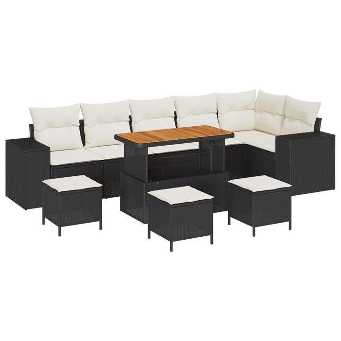 Jeu de canapé jardin 10 pièces avec coussins en poly rotin noir acacia, jeu de salle à manger jardin 4 pièces avec coussins 3362030