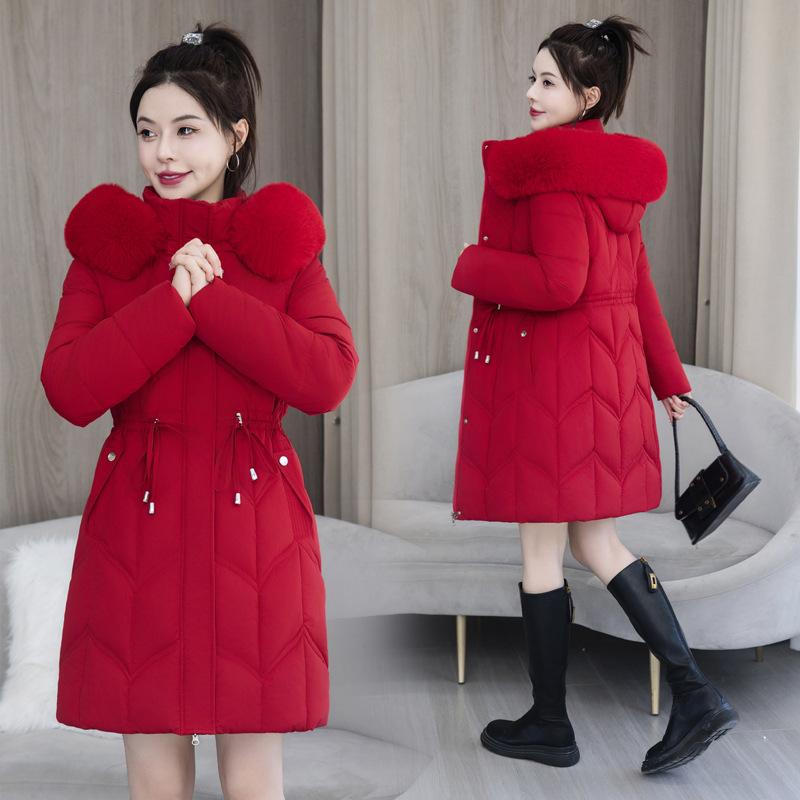 Winter Fashion Big Fur Collar Cotton-padded Jacket, Hooded Cotton-padded Jacket, Mid-length Middle-aged Slim-fit Thick Padded Jacket