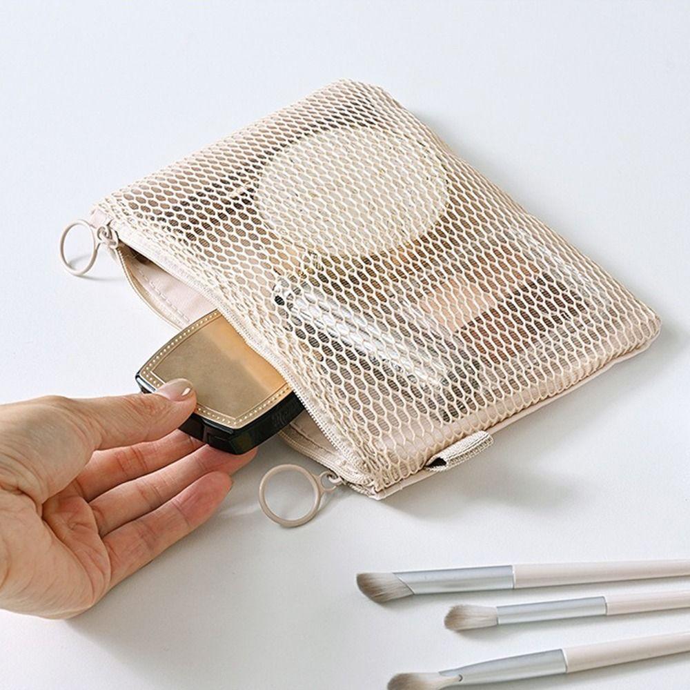 Multi-purpose Storage Bag Beige Zipper Closure Mesh Storage Pouch Lightweight Design Mesh Material Mesh Cosmetic Bag