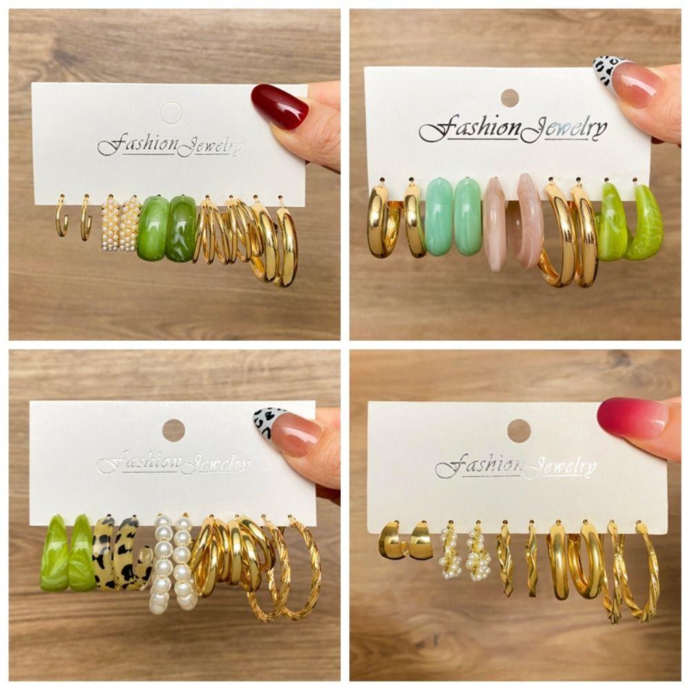 

Gold Color Metal Pearl Twist Hoop Earrings Vintage Geometric Earrings Set Women