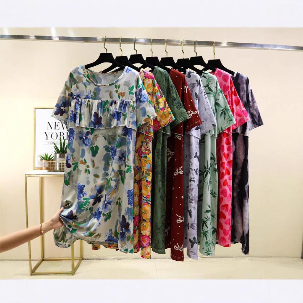 2025 Summer Floral Cotton and Silk Midi Dress - Short Sleeve, Loose Fit Nightgown