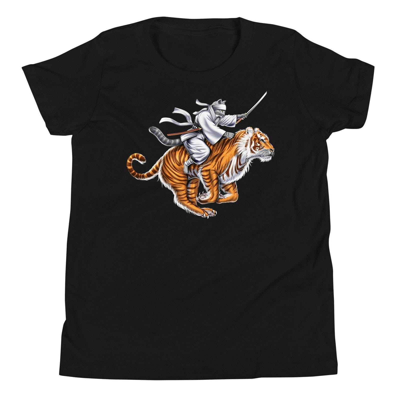 Japanese Samurai Cat Riding Tiger Kids T-Shirt, Samurai Warrior Boys Tee, Ninja Shirt, Samurai Clothing, Samurai Clothes, Samurai Apparel 100