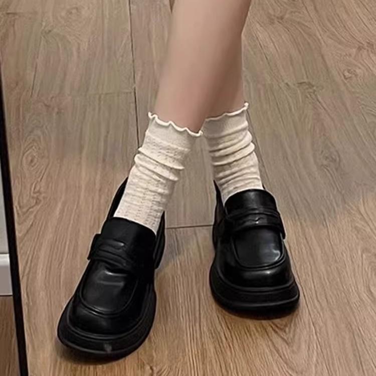 Loafers horse buckle thick-soled medium-heeled small leather shoes for women's 2025 spring one-pedal British new single shoes heightening shoes