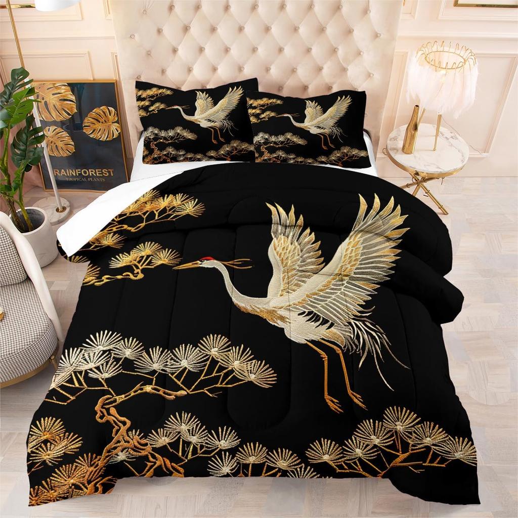 Comforter Comforter Set Queen Size Black Gold Pine And Crane Bedding Set 3D Vintage Chinoiserie Printing Bedding White Golden Bird Tree