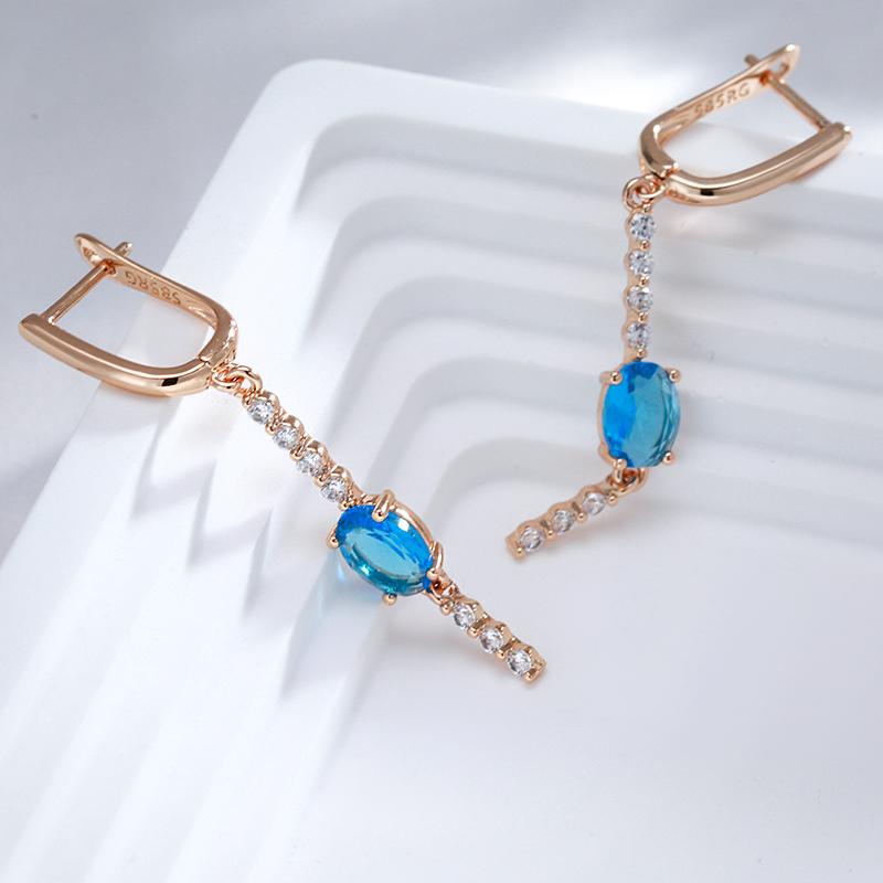 Luxury Blue Natural Zircon Wedding Long Drop Earrings Fashion Rose Gold Crystal Accessories For Women Daily Jewelry