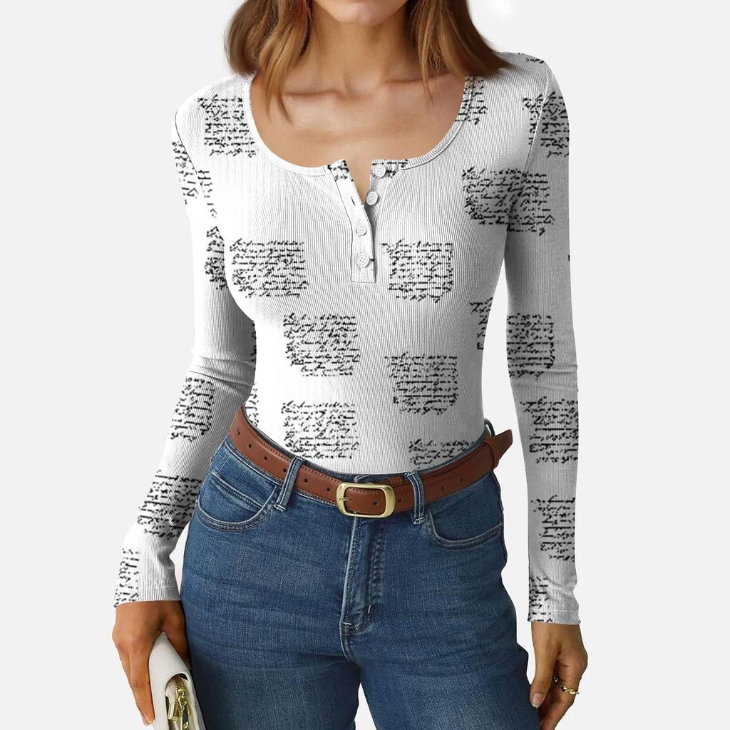 Women's Slim Bottom T-shirt Fashion Casual Gradient Printing Round Neck Pullover Long Sleeve Top