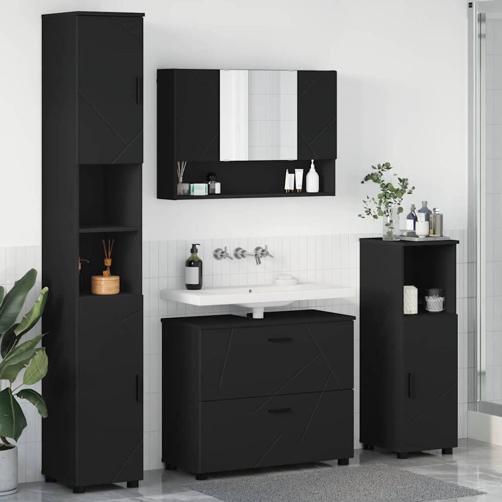 Bathroom Furniture Set with Door 4 Pcs Black Plywood and Metal