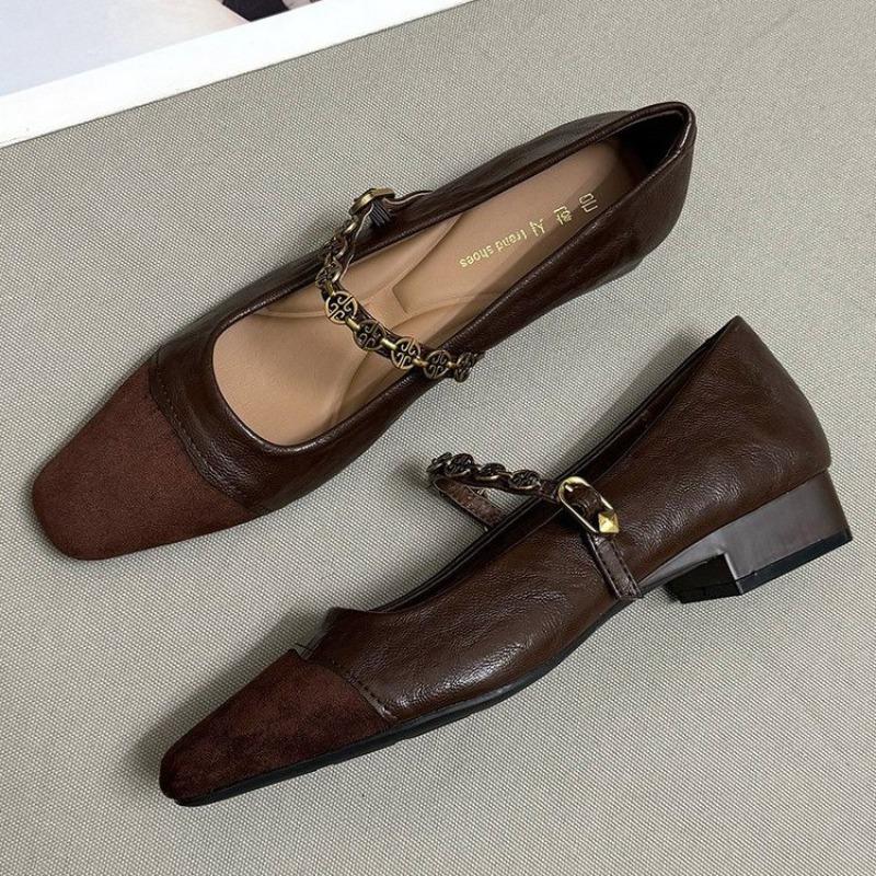 Women's Flat Shoes Spring New Square Head Shallow Mouth Suede Splicing Metal Chain Non-slip Single Shoes