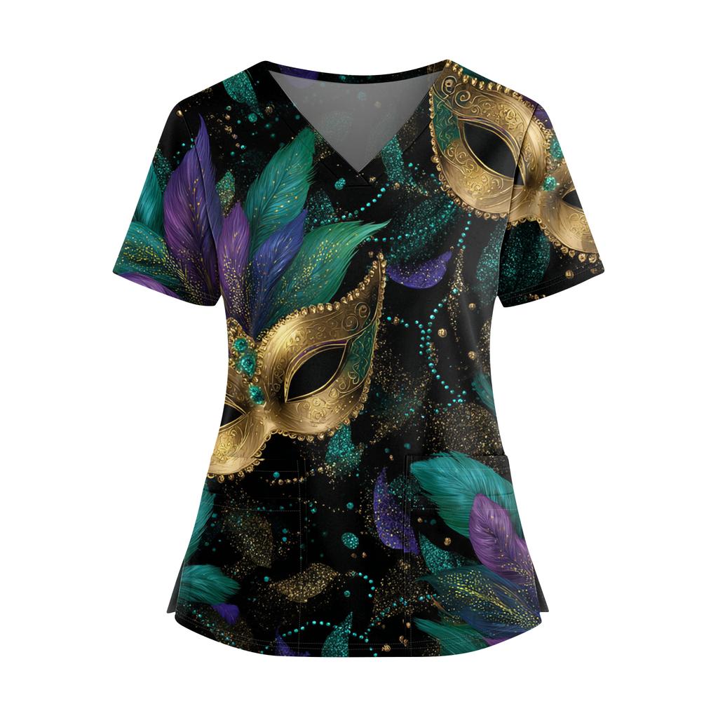 Women's Caregiver  Printed V-Neck Double Pocket Short Sleeves Hem Slit  Uniform Caregiver Top