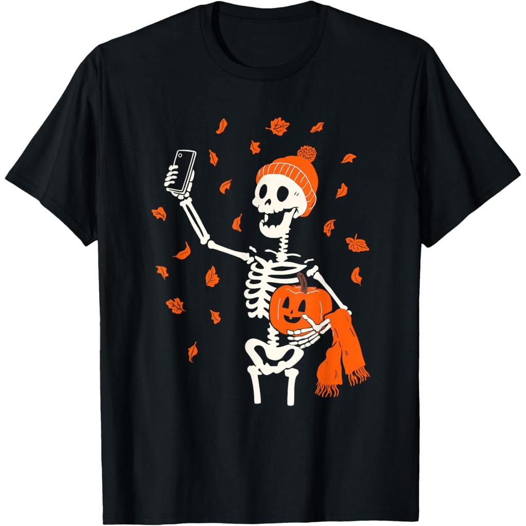 Skeleton Selfie Autumn Graphic T-Shirt Funny Fall Pumpkin Print Casual Crewneck Tee for Men