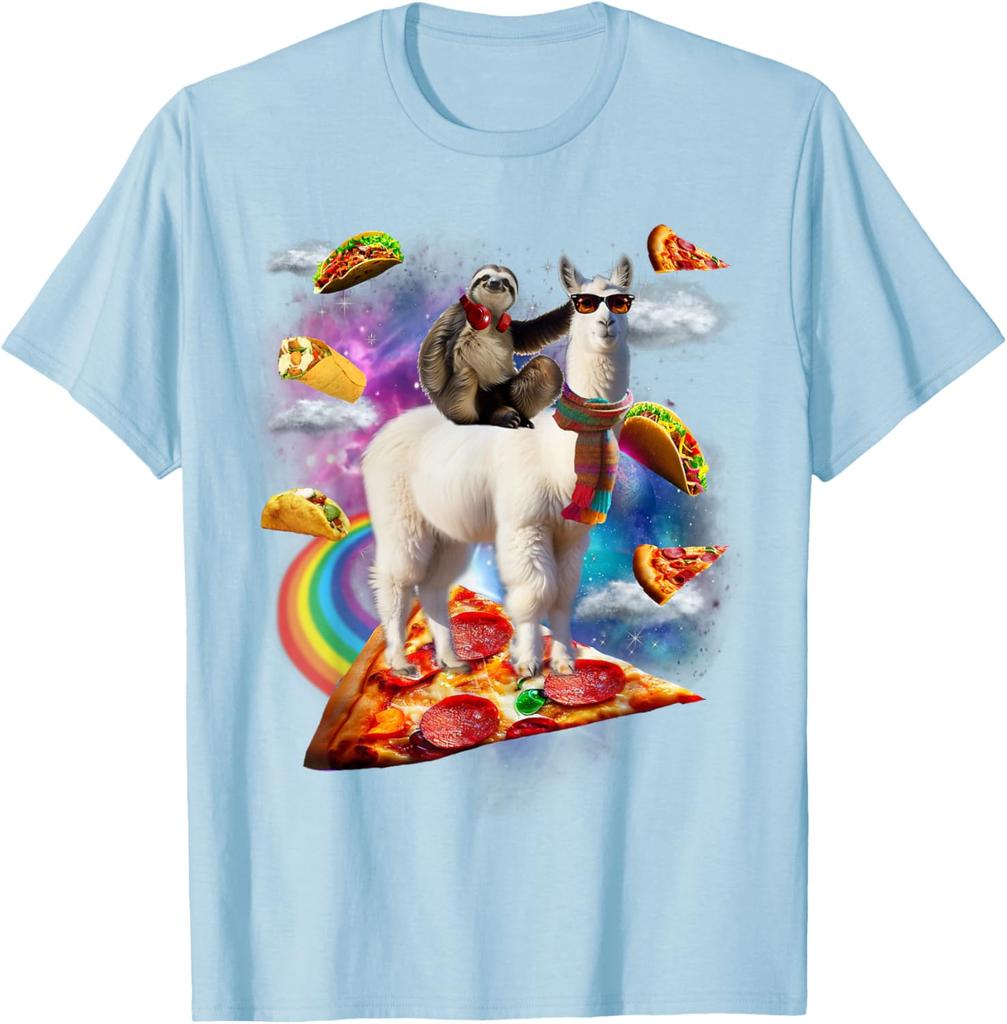 Bradipo che cavalca un lama nella Galassia della Pizza Taco Maglietta Grafica Divertente Casual Unisex Maglietta da Viaggio