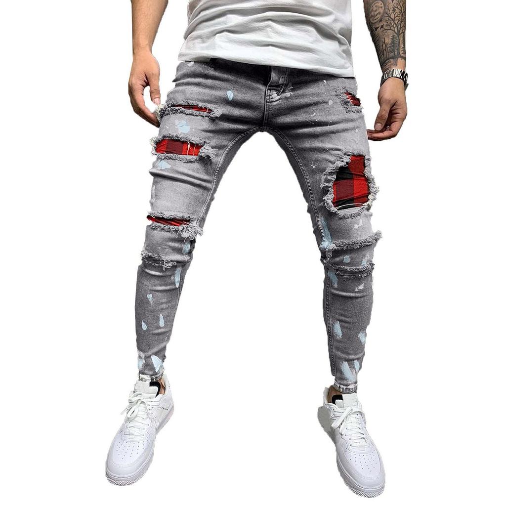 Men's Casual Stretch Jeans Fashion Personality Ripped Holes Slim Stretch Small Feet Motorcycle Jeans