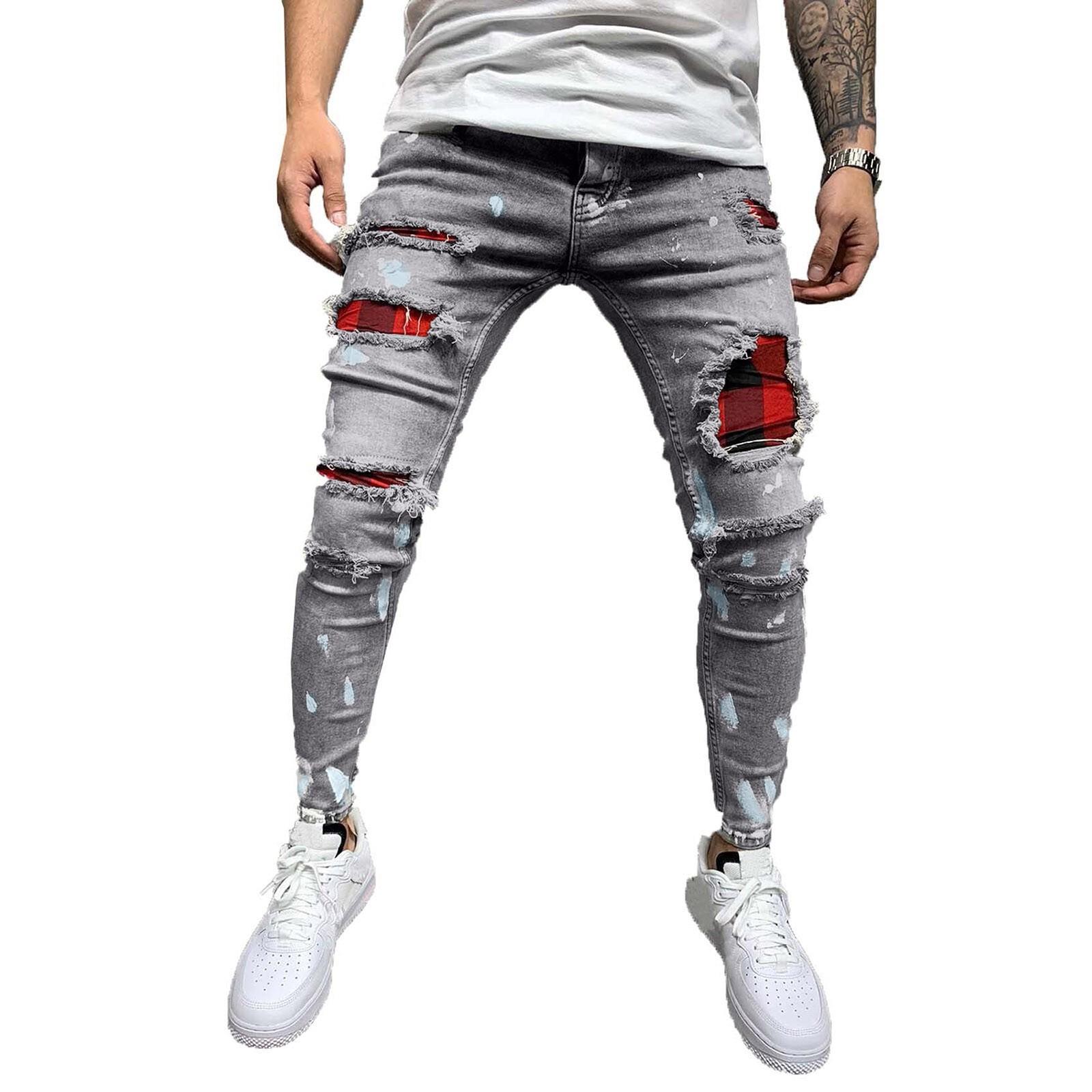 

Men s Casual Stretch Jeans Fashion Personality Ripped Holes Slim Stretch Small Feet Motorcycle Jeans S