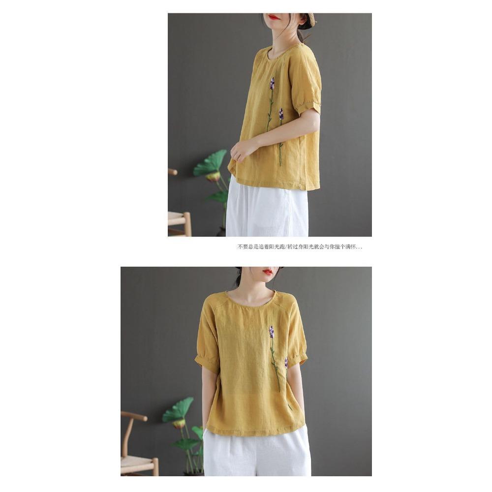 Artistic Retro Flower Embroidery Cotton Linen Round Neck Short Sleeved T-shirt for Women Summer New Loose and Versatile Top for Women