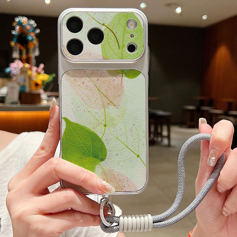 INS Watercolor Floral Leather Lanyard Case For iPhone 18 Pro Max 17 16 15 14 13 Pro Max Luxury Hybrid TPU+PU Anti-skid Soft Phone Cover