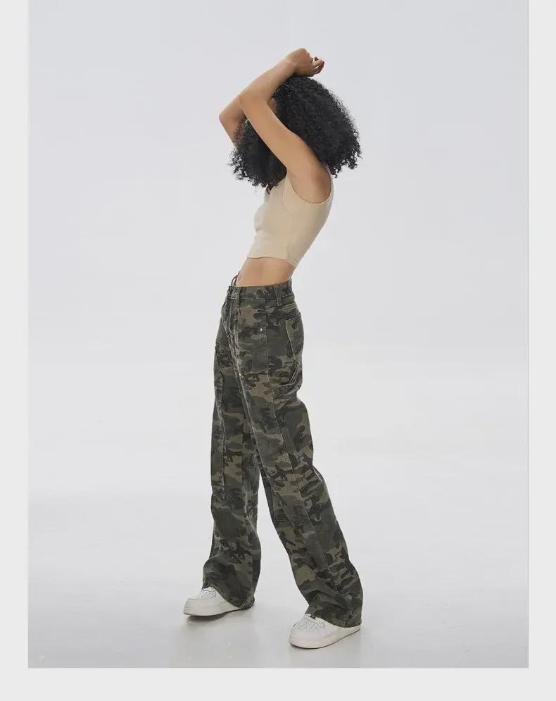 Damen-Jeans in Armeegrün mit Camouflage-Muster und hoher Taille und weitem Bein – Lässiger Hip-Hop-Stil für den Sommer