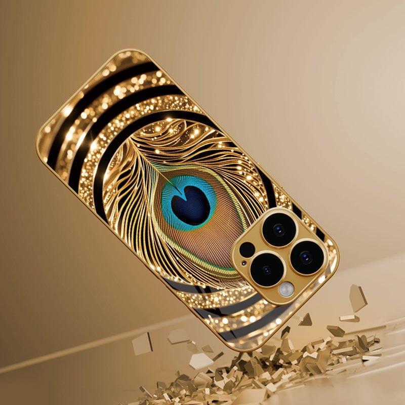 Golden Peacock Feather Pattern Gold Metallic Glass Phone Case For iPhone 11 12 13 14 15 16 17 Pro Max 14 Plus 17 Air 16E Cover