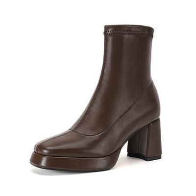 Microfiber Square Toe Winter Thick High Heels Western Platform Boots Women Size 42 Office Lady Ankle Boots