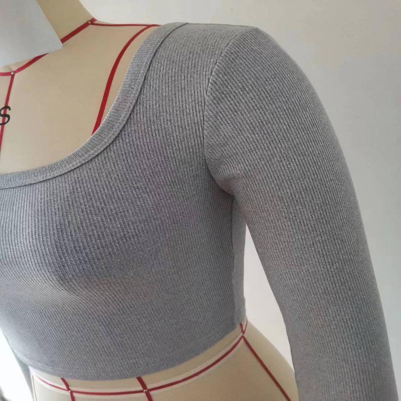 Womens Square Neck Ribbed Knit Long Sleeve Crop Top Casual Solid Color Fitted Blouse