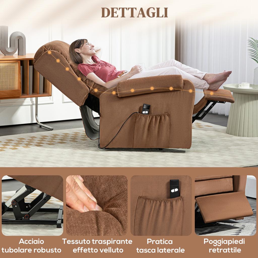 Poltrona Alzapersona Reclinable At 160 Degrees With Footrest And Remote Control In Velvet 85x88x109 Cm Brown