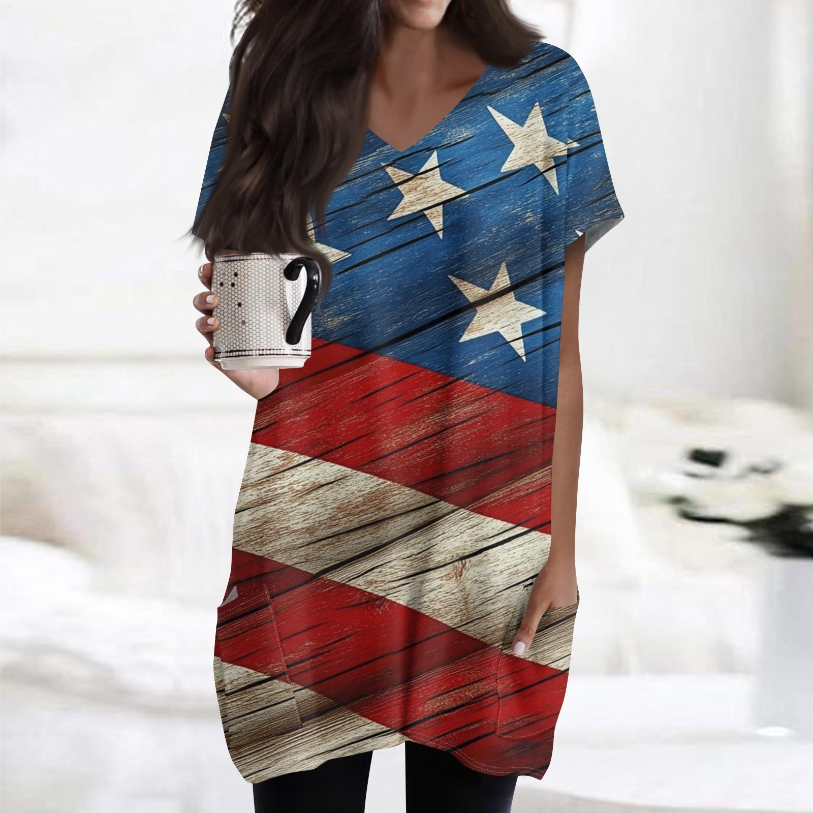 

Женский топ с принтом флага Дня независимости, V-образным вырезом, карманом средней длины и коротким рукавом S киноварь