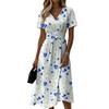 Rochie casual de damă cu decolteu în V și mânecă scurtă, cu imprimeu floral și cordon în talie, pentru vară și purtare zilnică, țesătură ușoară și confortabilă