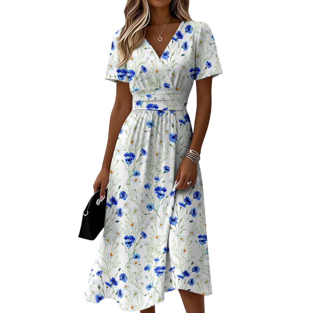 Rochie casual de damă cu decolteu în V și mânecă scurtă, cu imprimeu floral și cordon în talie, pentru vară și purtare zilnică, țesătură ușoară și confortabilă