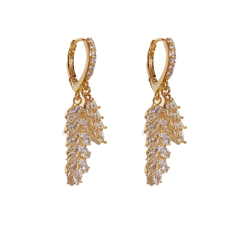 Korean Elegant Zirconia Leaf Ear Cuff with Tassel Dangle - Versatile, Fashionable Earrings