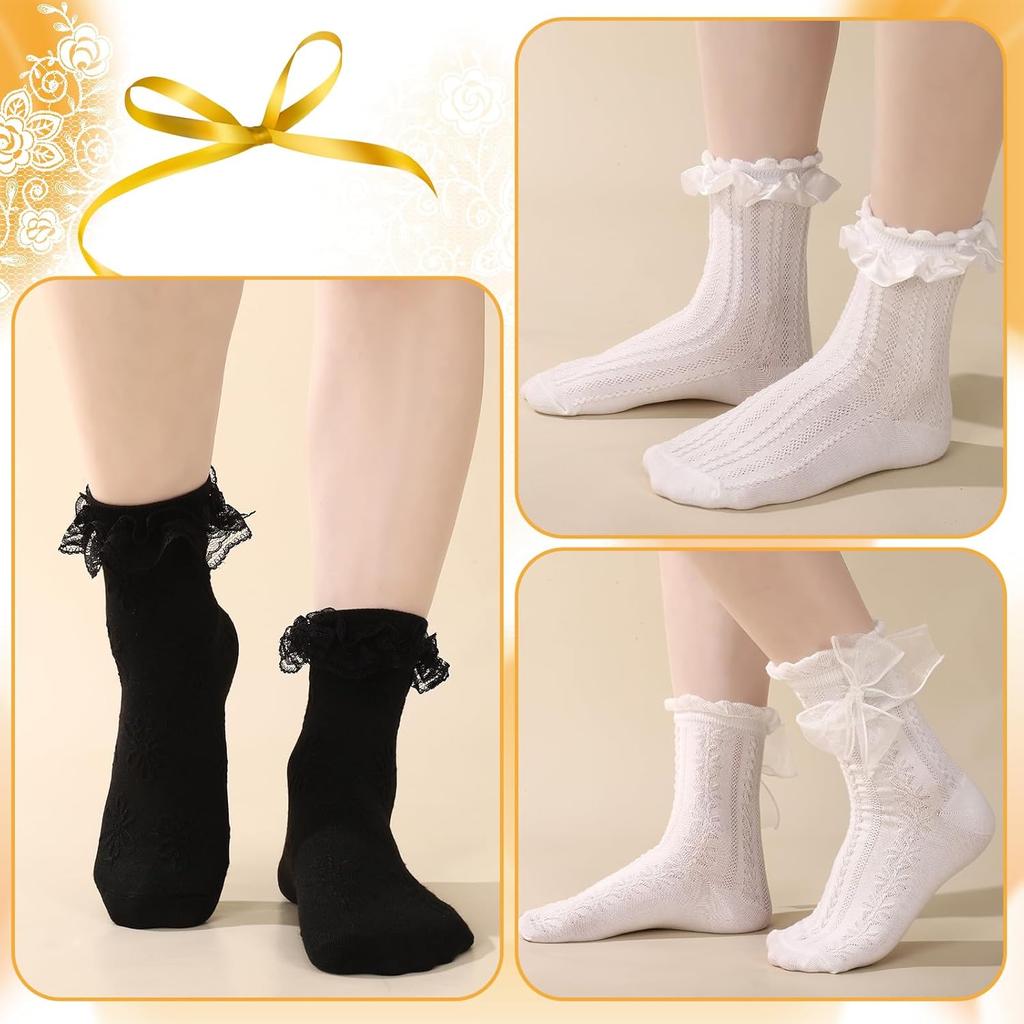 1/6 Pairs Lace Ruffle Crew Socks For Women,Cotton Cute Princess Ankle Dress Lace Socks For Women Girls